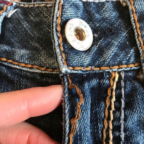 Blue Tattoo Denim Cut-Off Raw Hem Large Flower Brand Patch Shorts Sz 25 - Picture 10 of 12